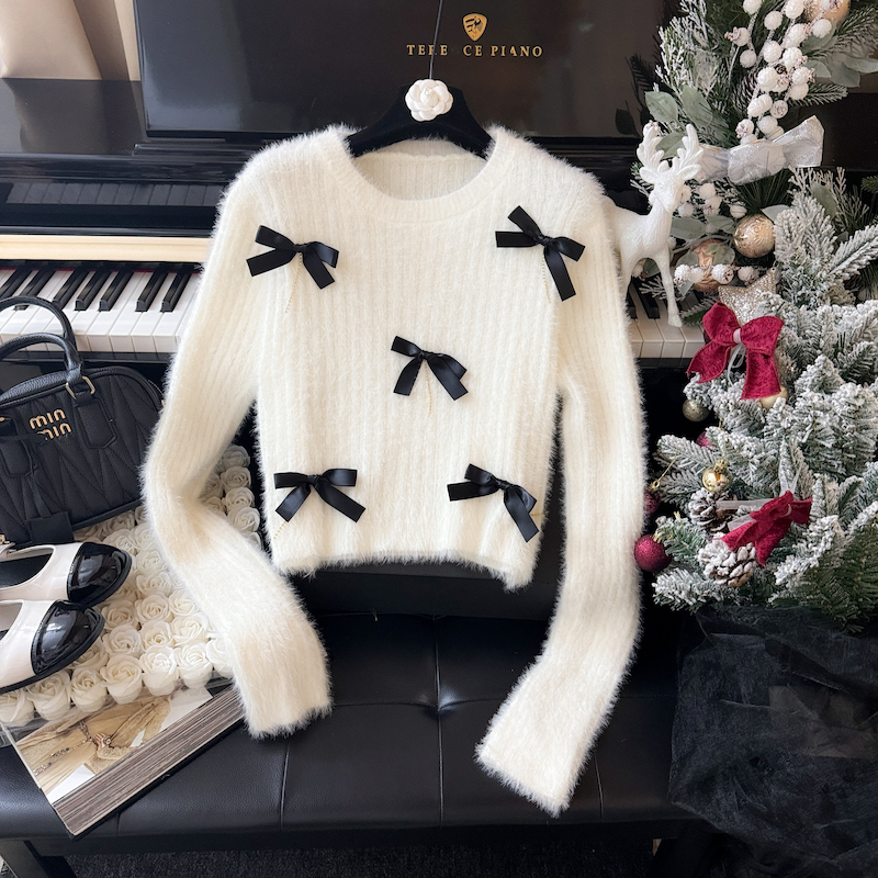 Niche knitted bow sweater lazy rhinestone mohair tops