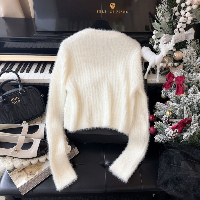 Niche knitted bow sweater lazy rhinestone mohair tops