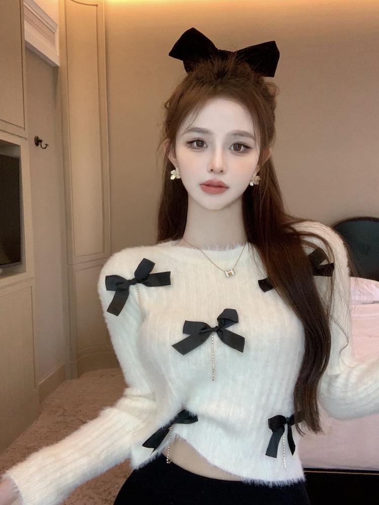 Niche knitted bow sweater lazy rhinestone mohair tops