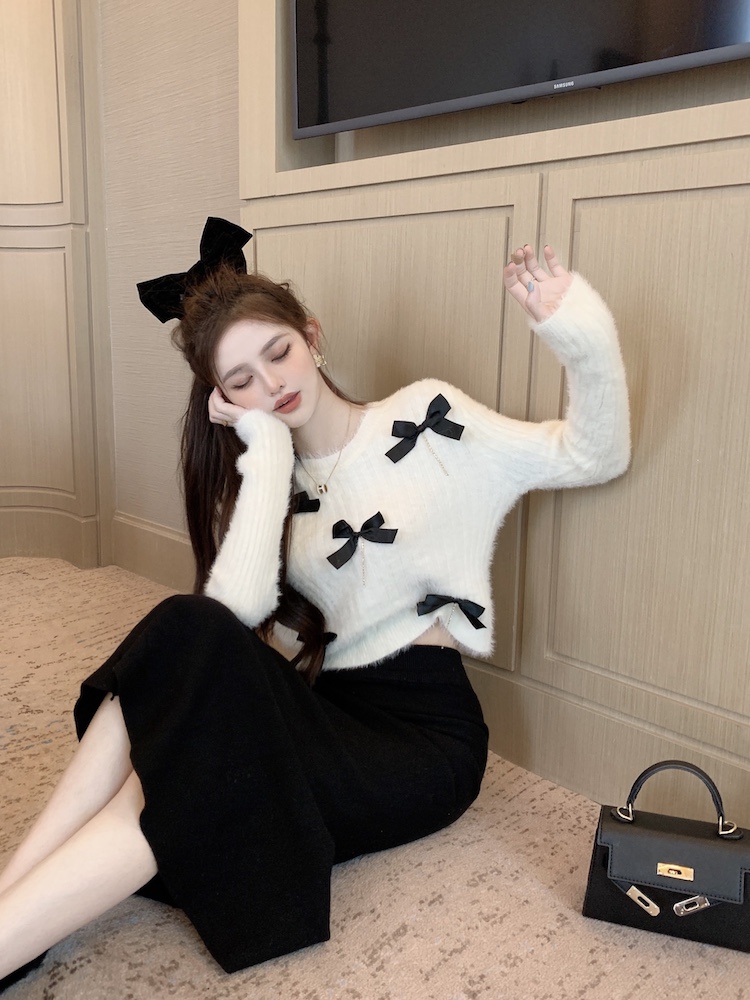 Niche knitted bow sweater lazy rhinestone mohair tops