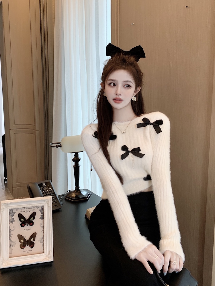 Niche knitted bow sweater lazy rhinestone mohair tops