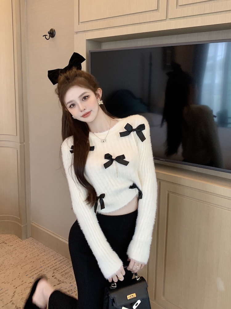 Niche knitted bow sweater lazy rhinestone mohair tops