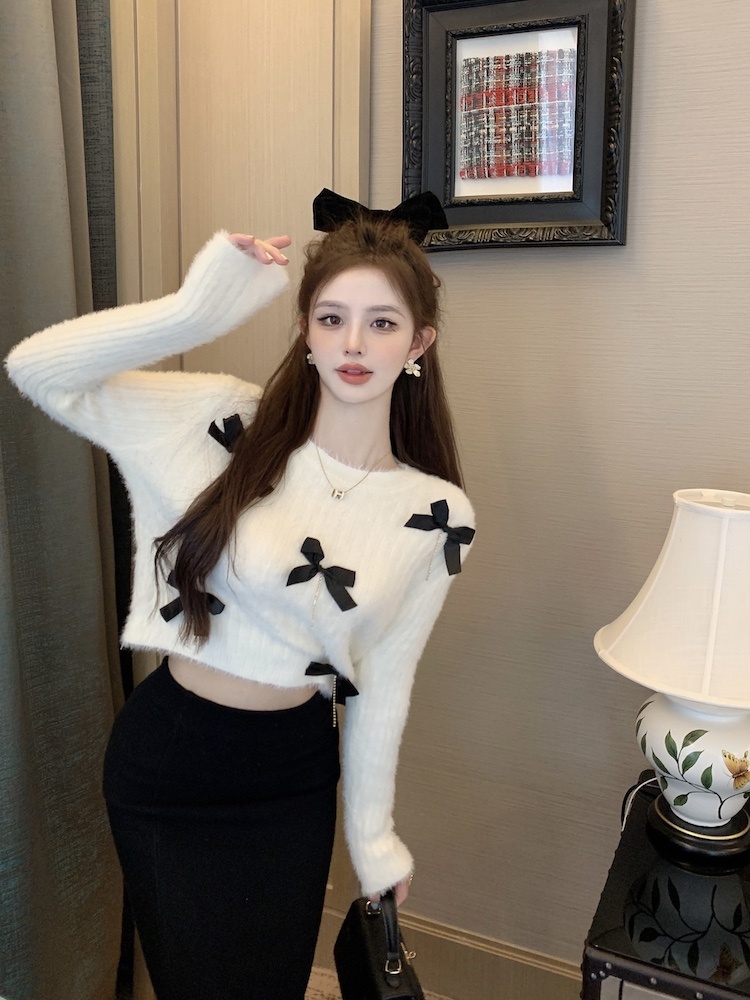 Niche knitted bow sweater lazy rhinestone mohair tops