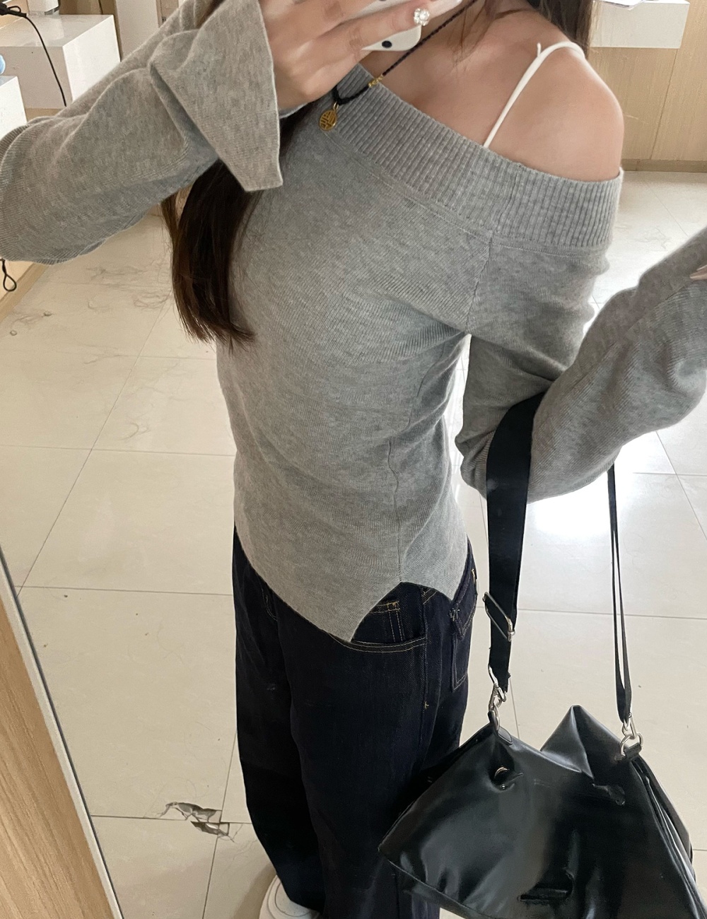 Strapless gray sweater sloping shoulder tops