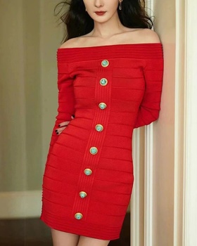 Slim horizontal collar formal dress knitted long sleeve dress