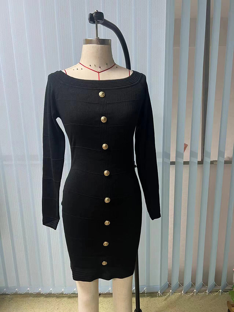 Slim horizontal collar formal dress knitted long sleeve dress