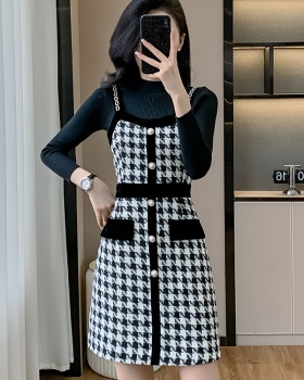 Plaid chanelstyle strap dress splice sweater 2pcs set