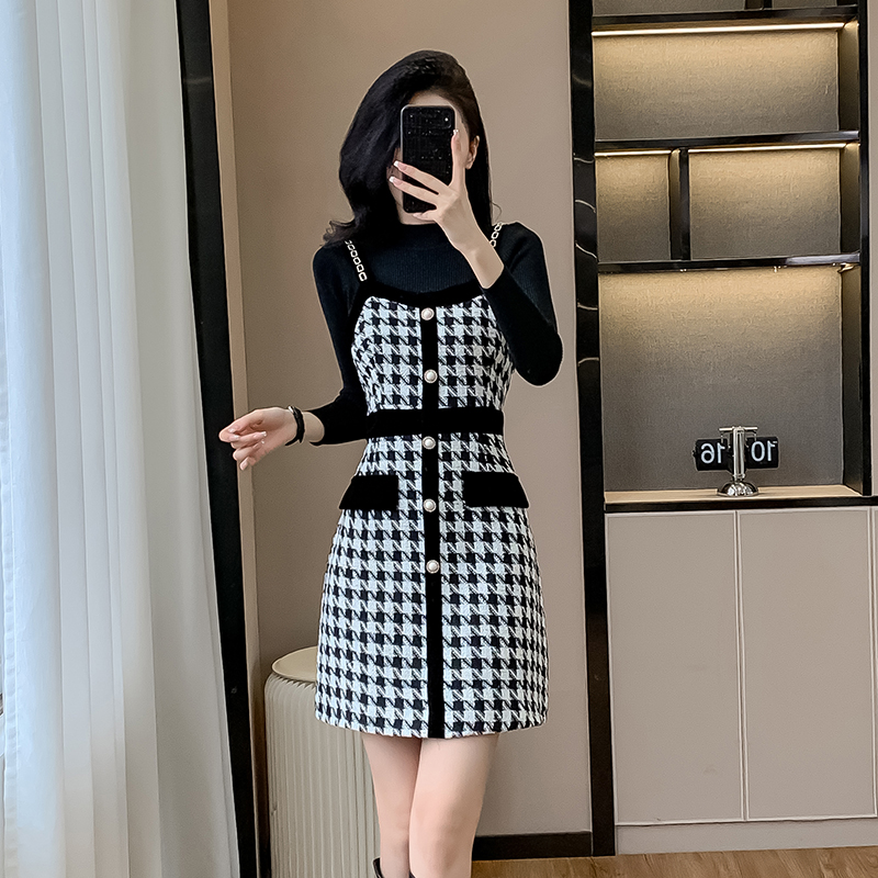 Plaid chanelstyle strap dress splice sweater 2pcs set