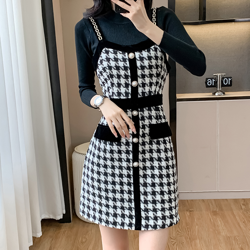 Plaid chanelstyle strap dress splice sweater 2pcs set