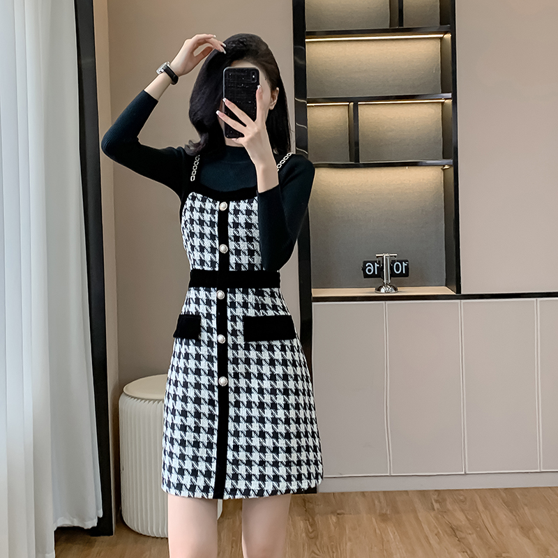 Plaid chanelstyle strap dress splice sweater 2pcs set