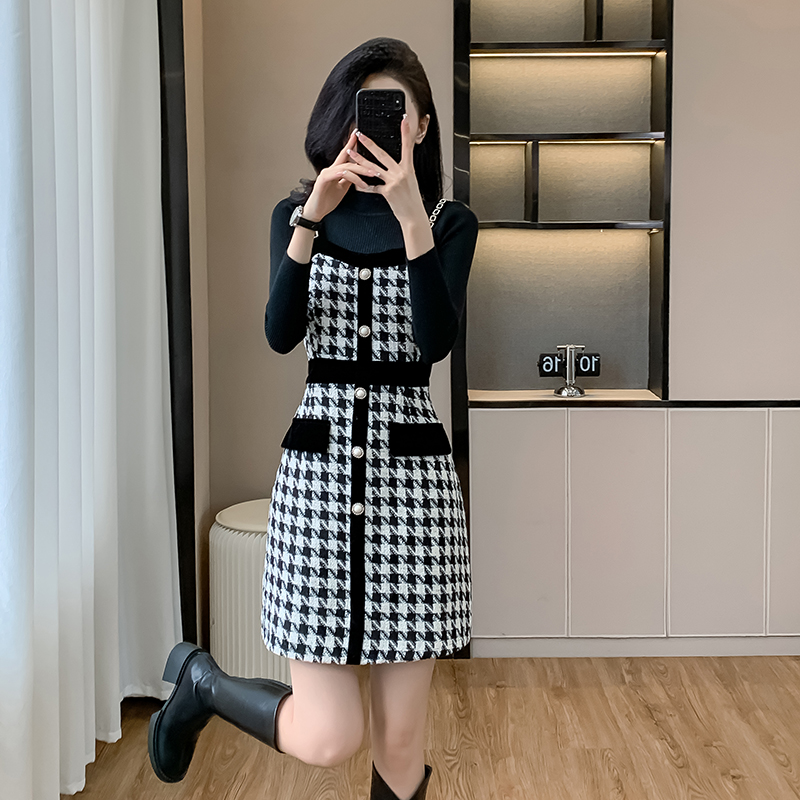 Plaid chanelstyle strap dress splice sweater 2pcs set