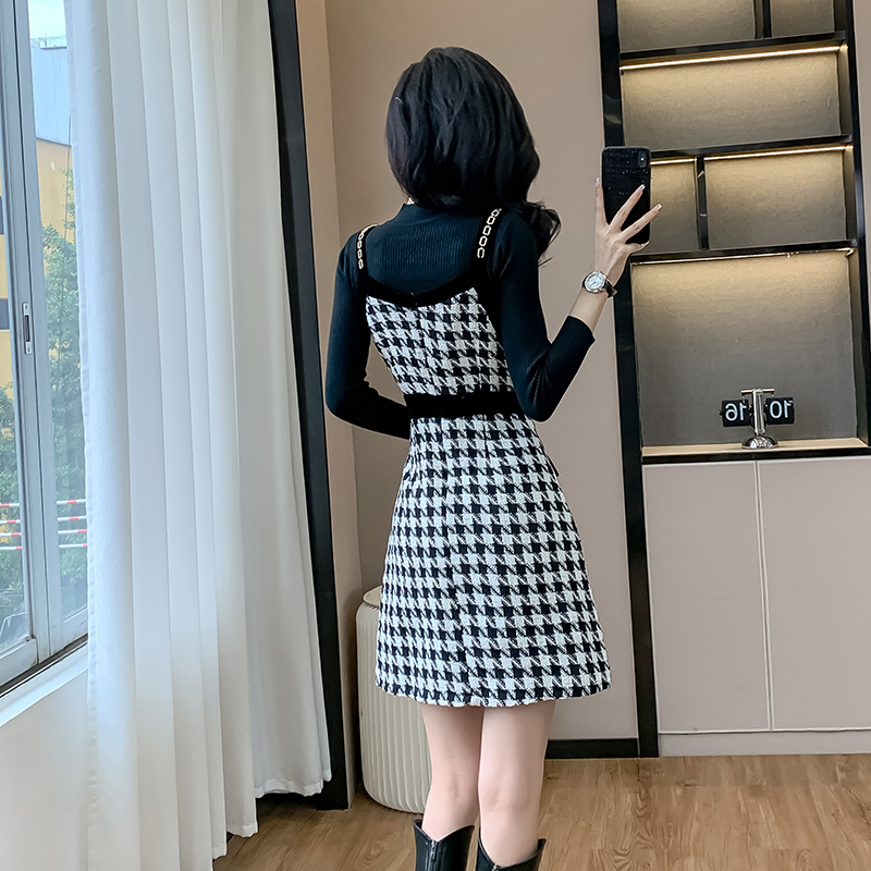 Plaid chanelstyle strap dress splice sweater 2pcs set