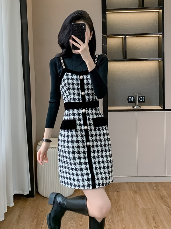 Plaid chanelstyle strap dress splice sweater 2pcs set