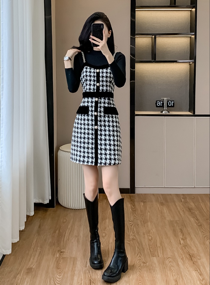 Plaid chanelstyle strap dress splice sweater 2pcs set