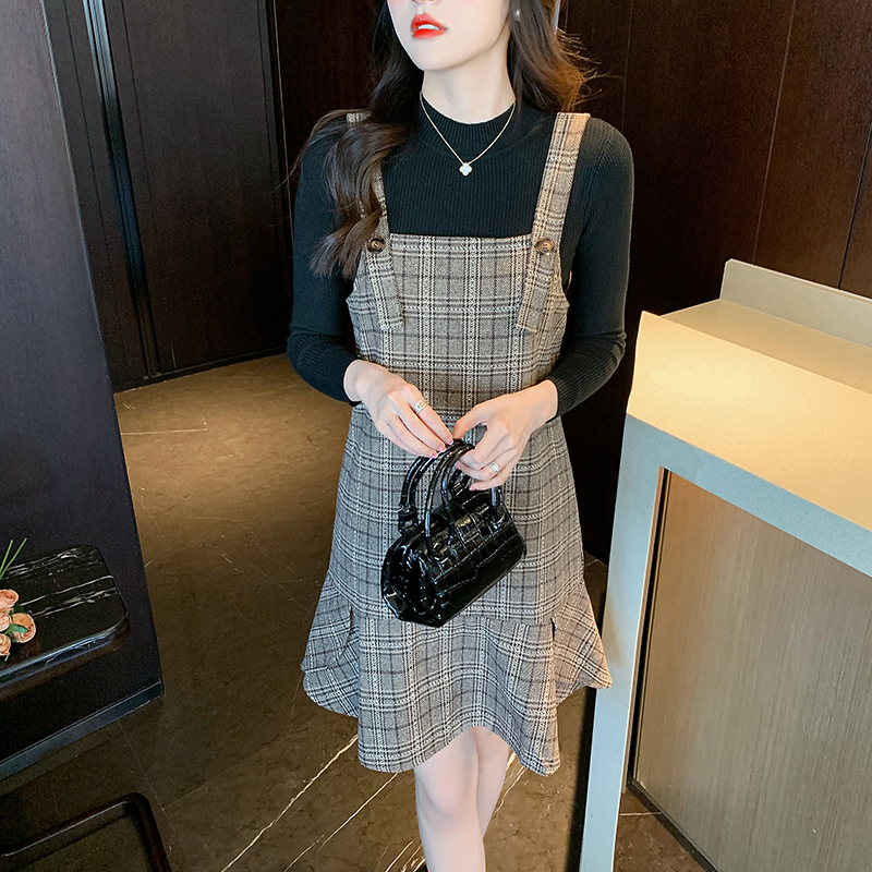 Woolen strap dress dress 2pcs set for women