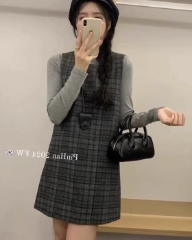 Loose bottoming shirt plaid sleeveless dress 2pcs set