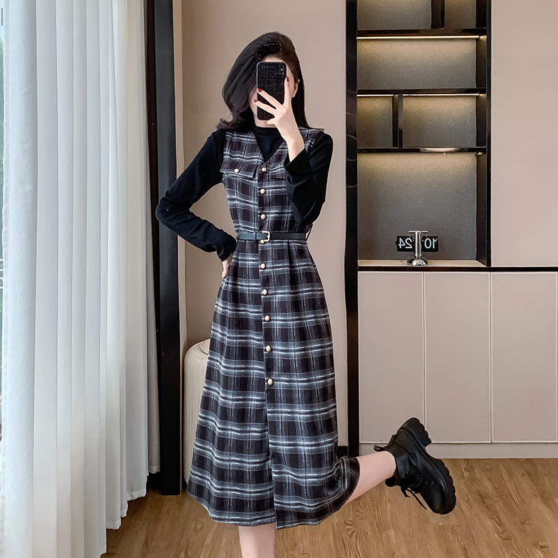 Retro bottoming shirt sleeveless dress 2pcs set