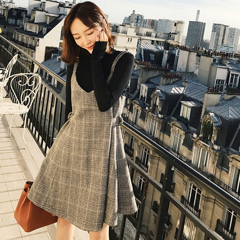 Spring woolen strap dress chanelstyle plaid dress 2pcs set