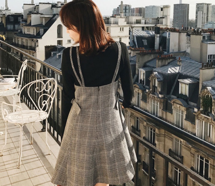 Spring woolen strap dress chanelstyle plaid dress 2pcs set