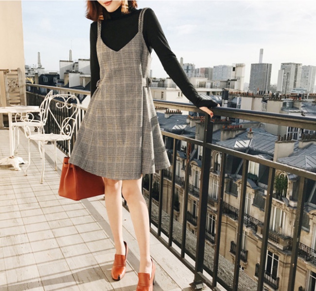 Spring woolen strap dress chanelstyle plaid dress 2pcs set