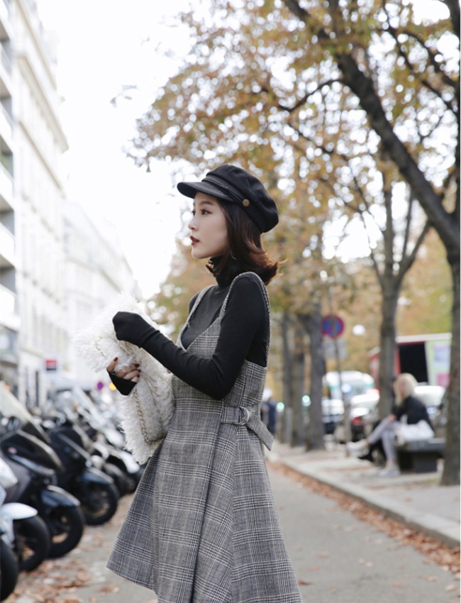 Spring woolen strap dress chanelstyle plaid dress 2pcs set