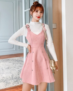 Strap suede sling sweater slim bottoming dress 2pcs set