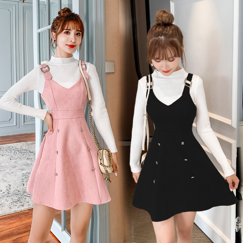 Strap suede sling sweater slim bottoming dress 2pcs set