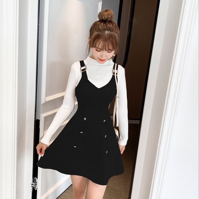 Strap suede sling sweater slim bottoming dress 2pcs set