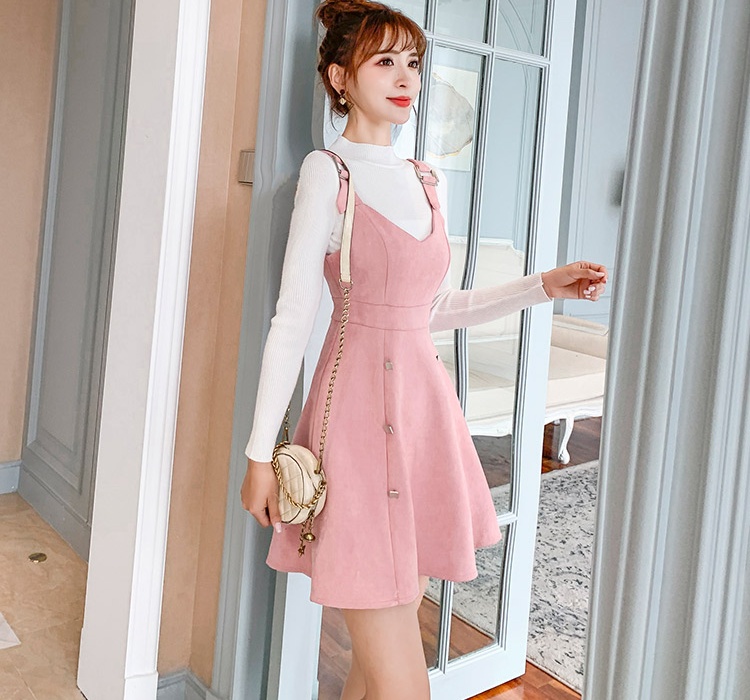 Strap suede sling sweater slim bottoming dress 2pcs set