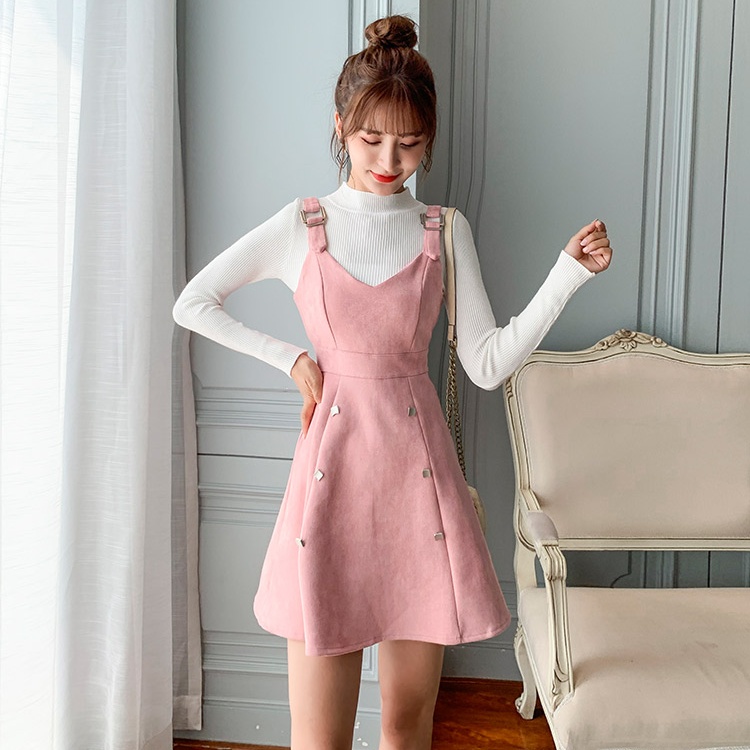 Strap suede sling sweater slim bottoming dress 2pcs set