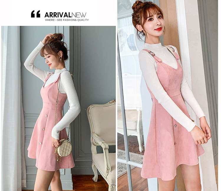 Strap suede sling sweater slim bottoming dress 2pcs set