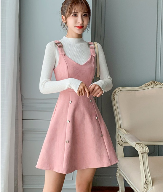 Strap suede sling sweater slim bottoming dress 2pcs set