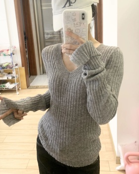 Slim long sleeve pit stripe tops lazy V-neck sweater