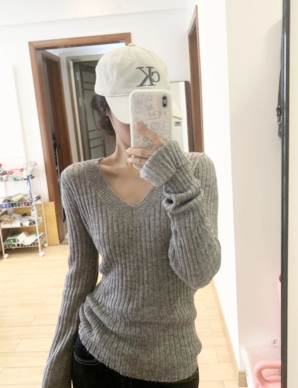 Slim long sleeve pit stripe tops lazy V-neck sweater