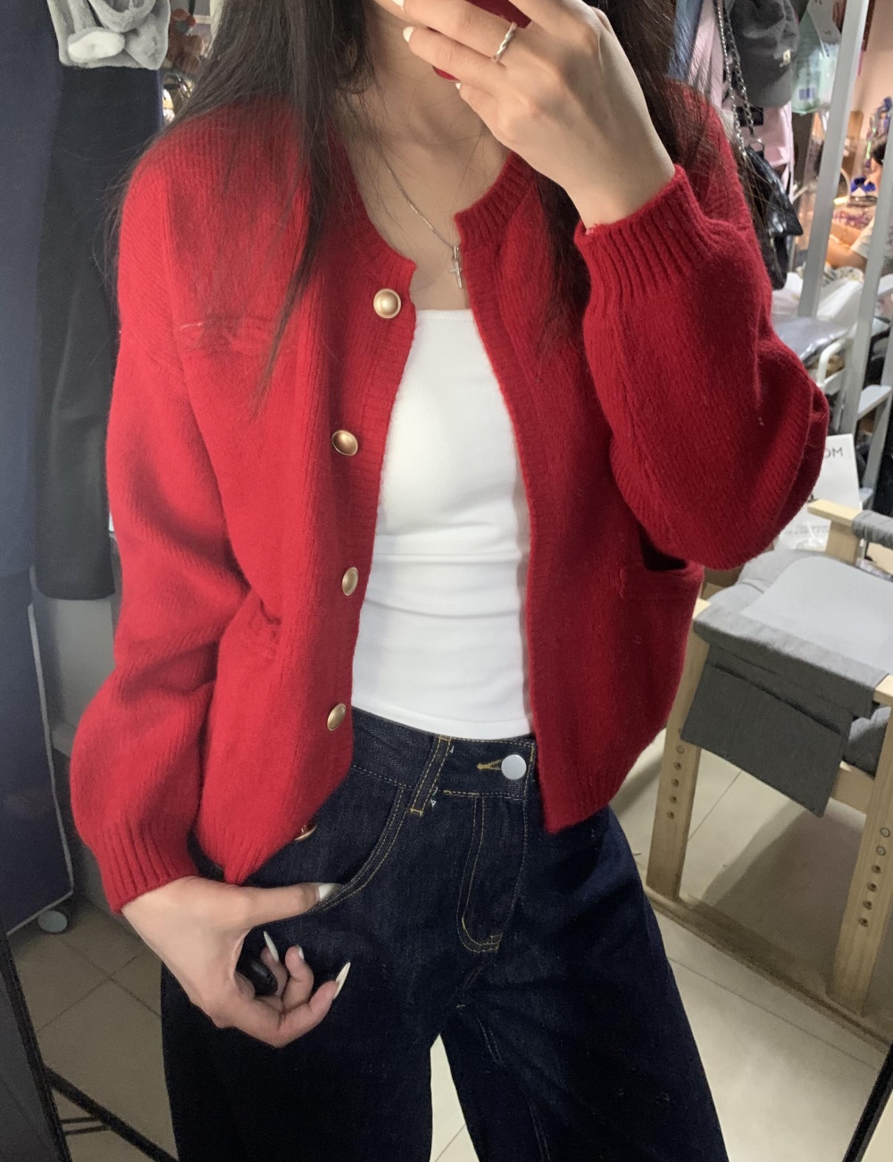 Red chanelstyle tops spring and autumn cardigan