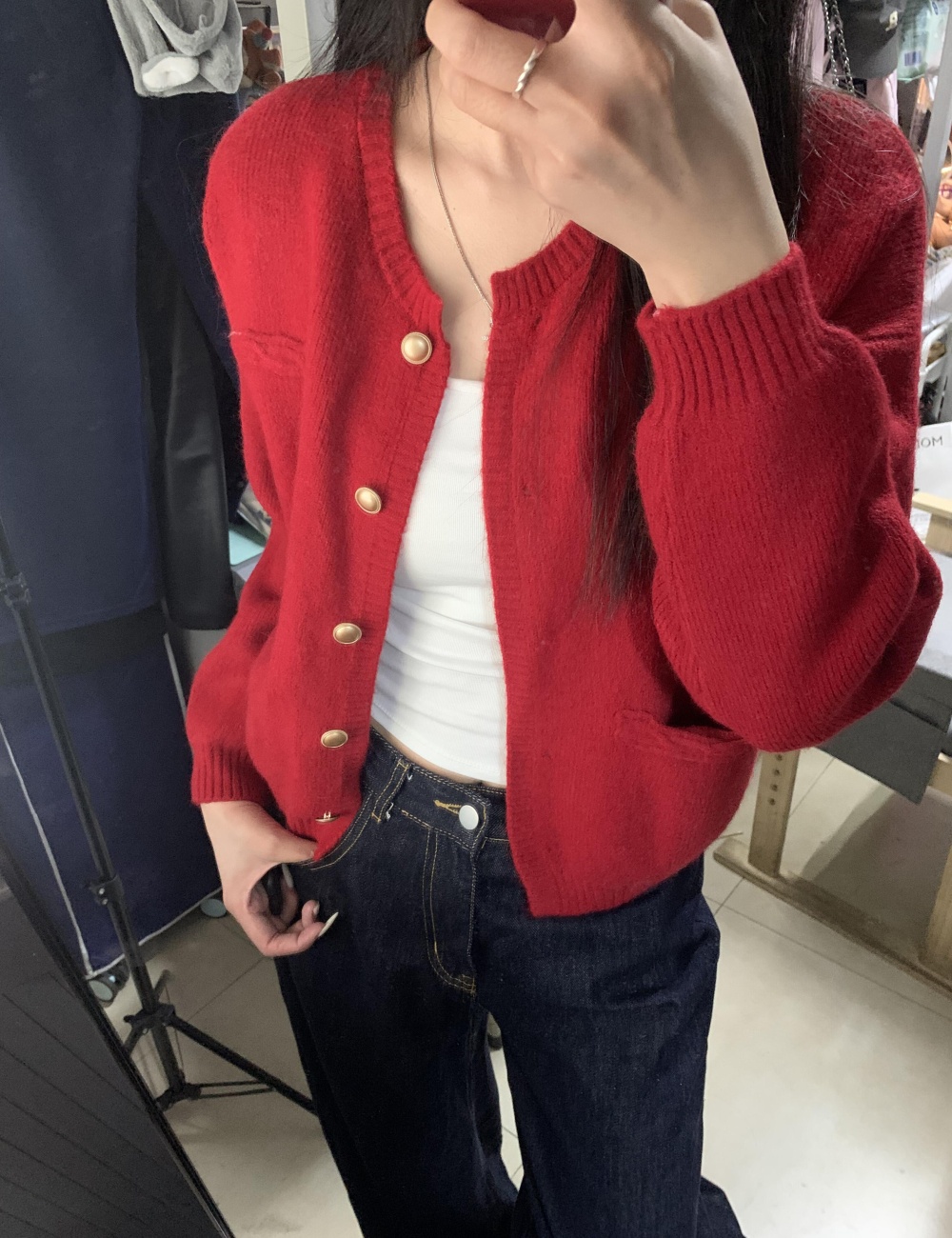 Red chanelstyle tops spring and autumn cardigan