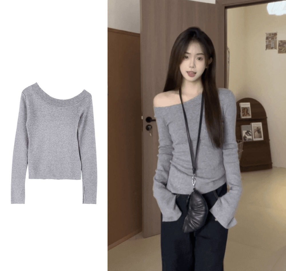 Gray strapless split sweater autumn slim tops for women