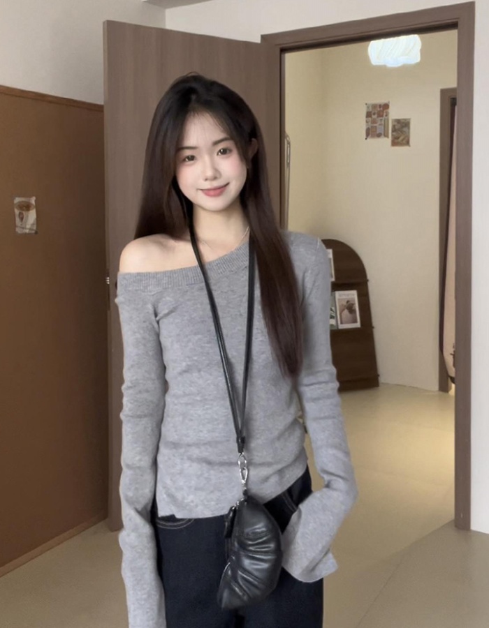 Gray strapless split sweater autumn slim tops for women