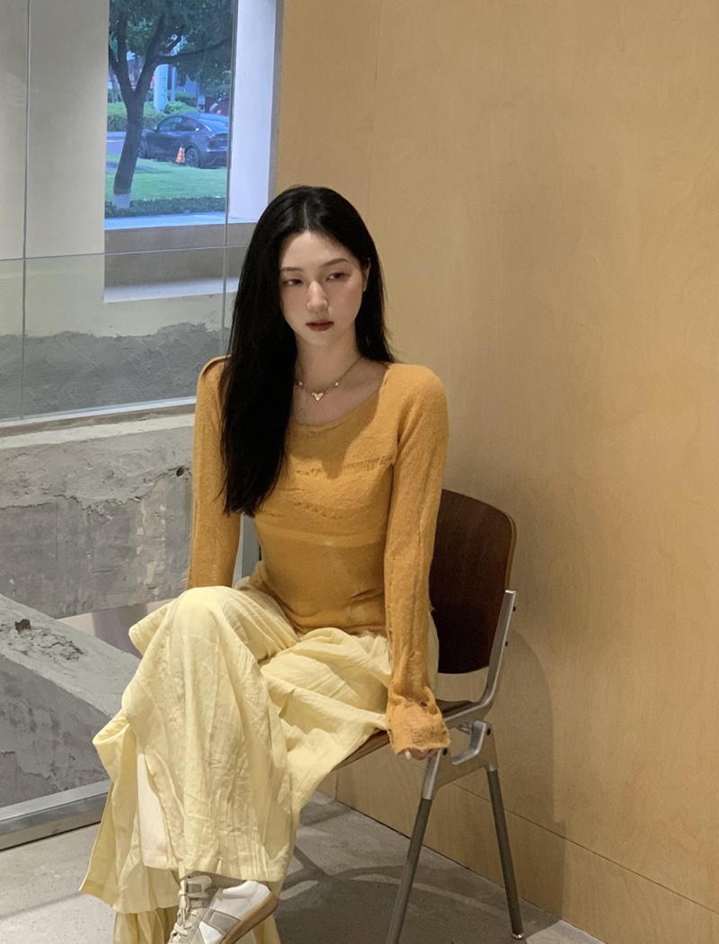 Mohair yellow T-shirt niche long sleeve tops for women