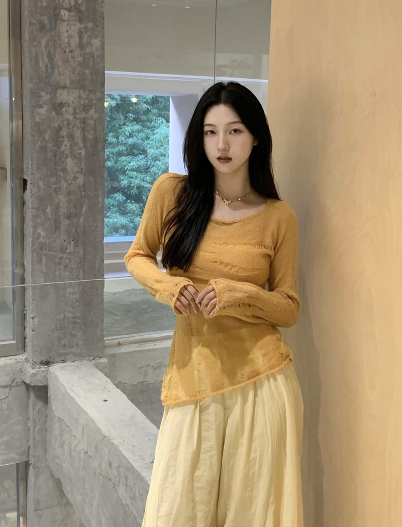 Mohair yellow T-shirt niche long sleeve tops for women