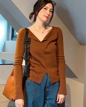 Knitted V-neck bottoming shirt slim tops for women