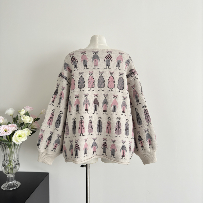 Large yard jacquard cardigan knitted coat for women