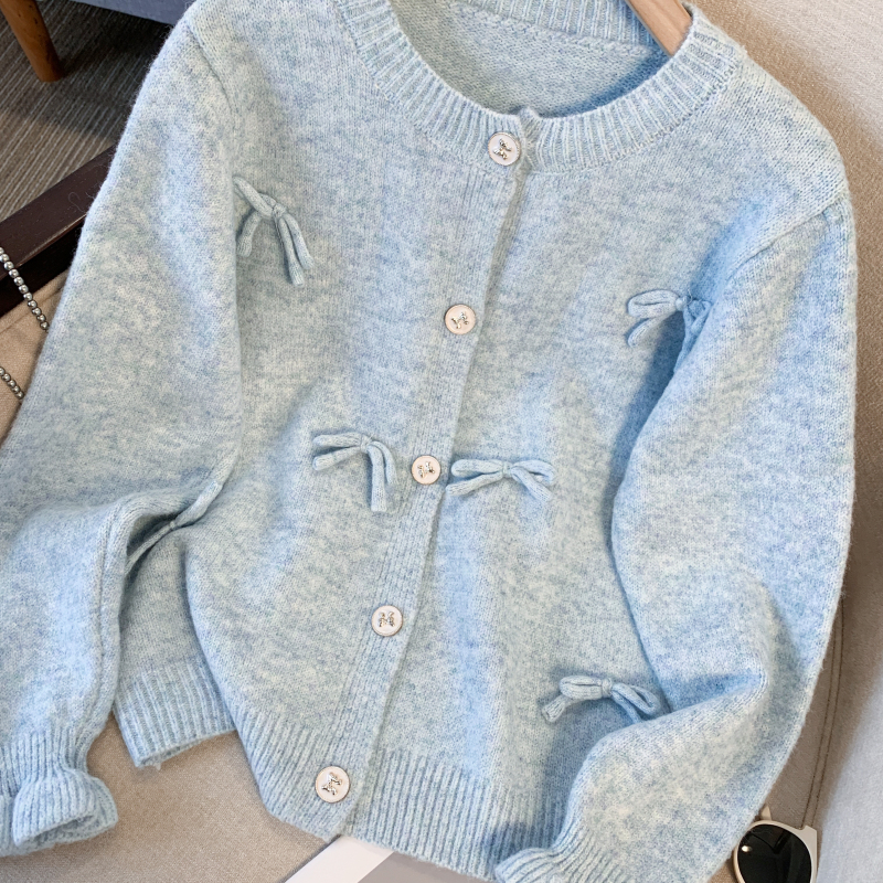 Knitted bow autumn and winter sweater lazy blue tops