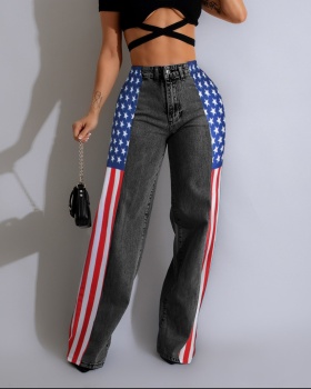 Denim wide leg fashion long pants straight printing Casual jeans