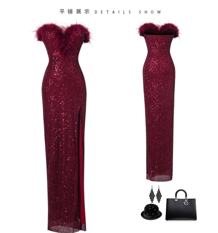 Sequins temperament long dress red slim evening dress