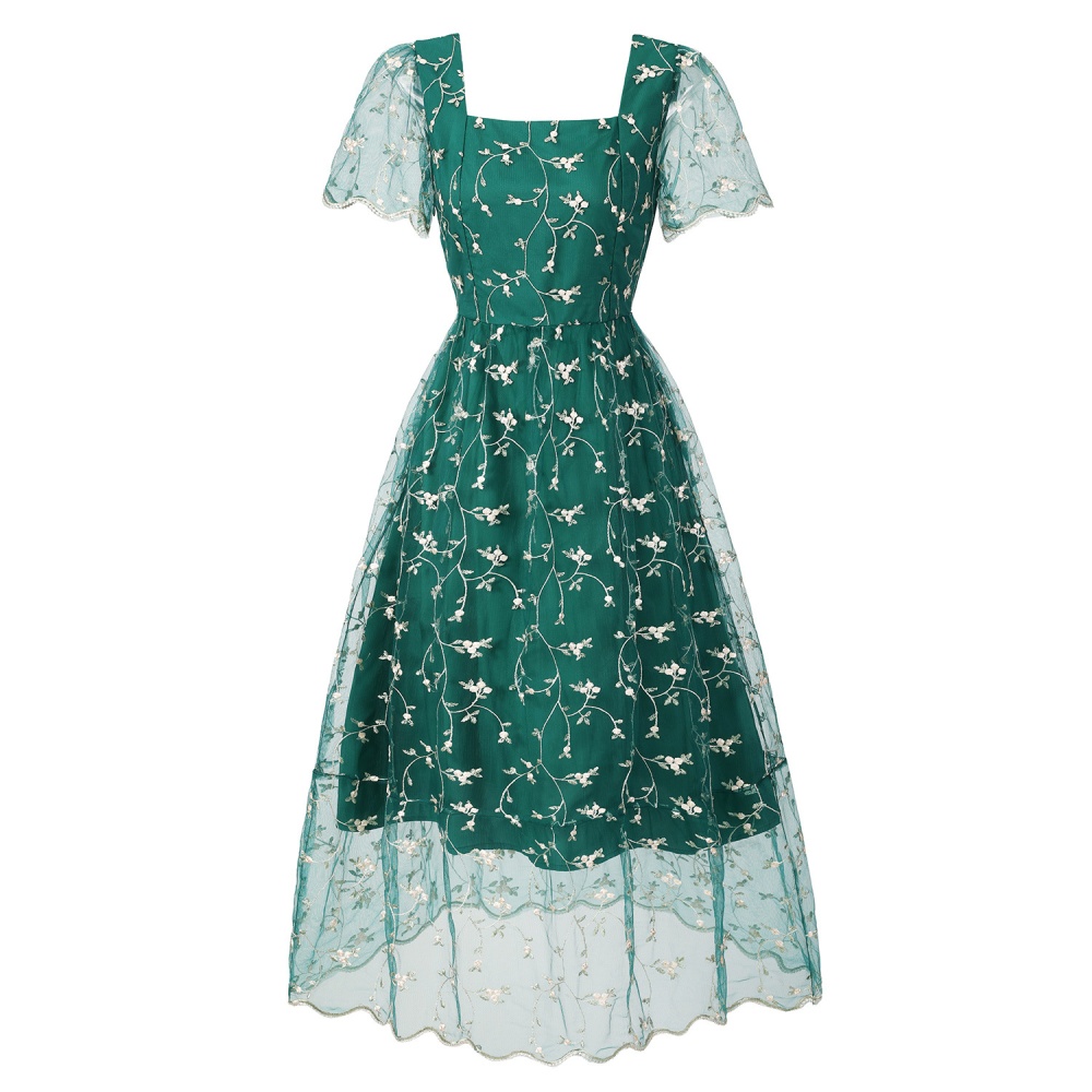 Square collar bandage pinched waist green slim dress