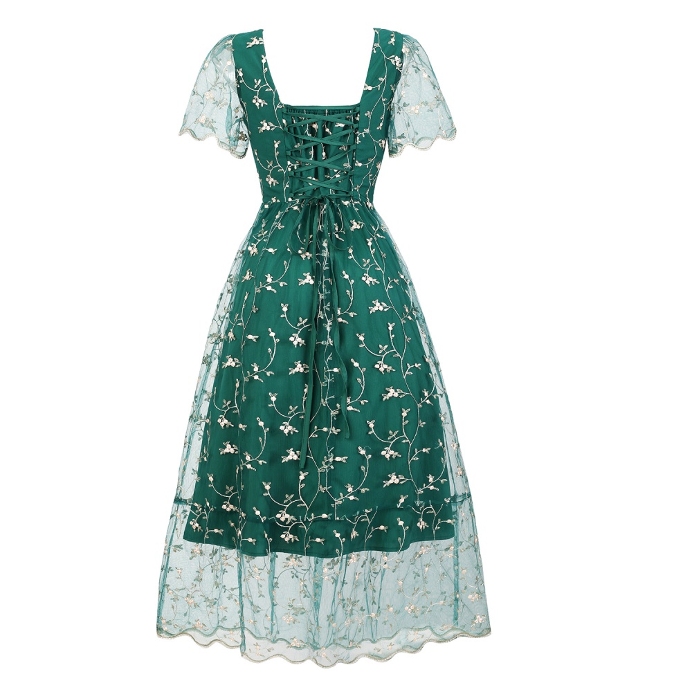 Square collar bandage pinched waist green slim dress