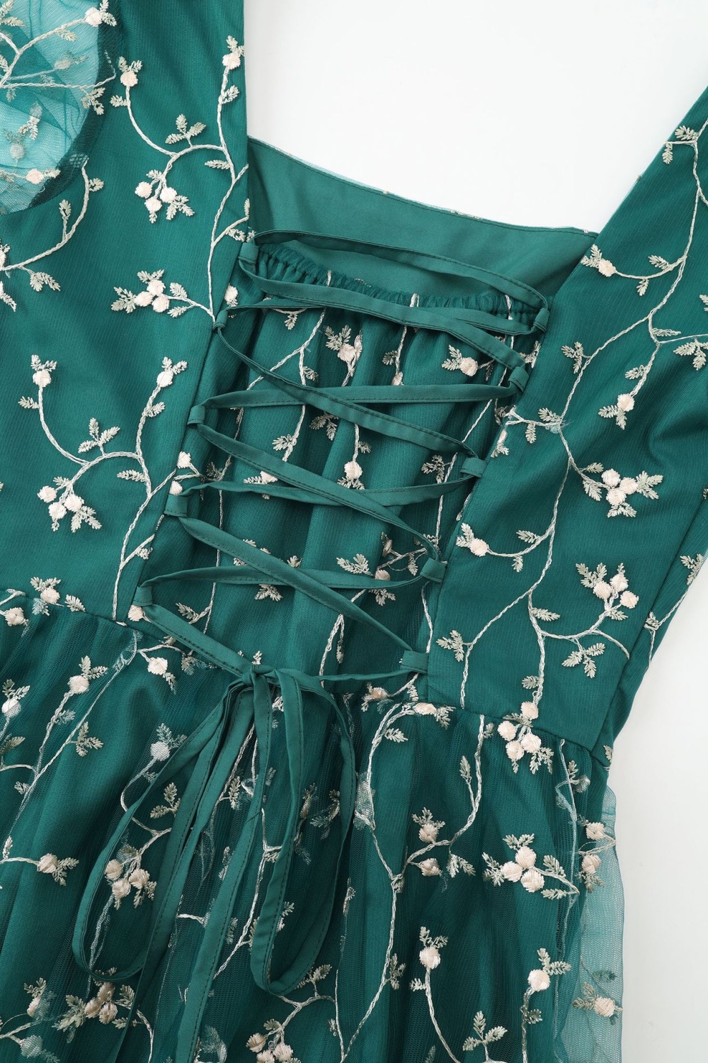 Square collar bandage pinched waist green slim dress