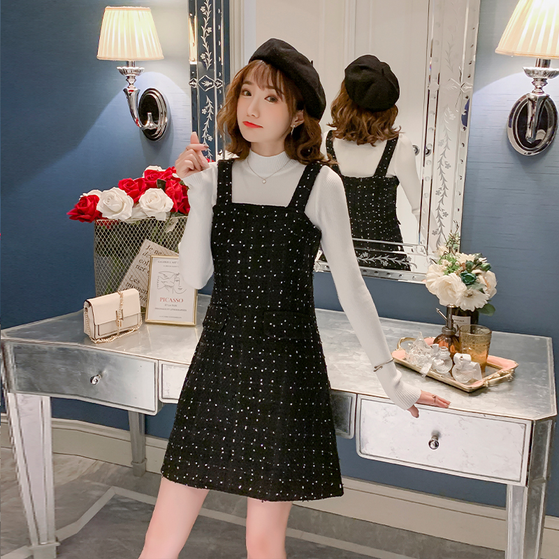 Autumn and winter strap dress chanelstyle dress 2pcs set