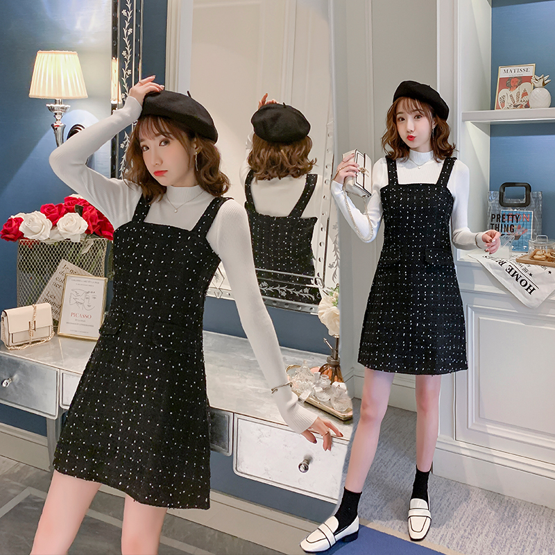 Autumn and winter strap dress chanelstyle dress 2pcs set